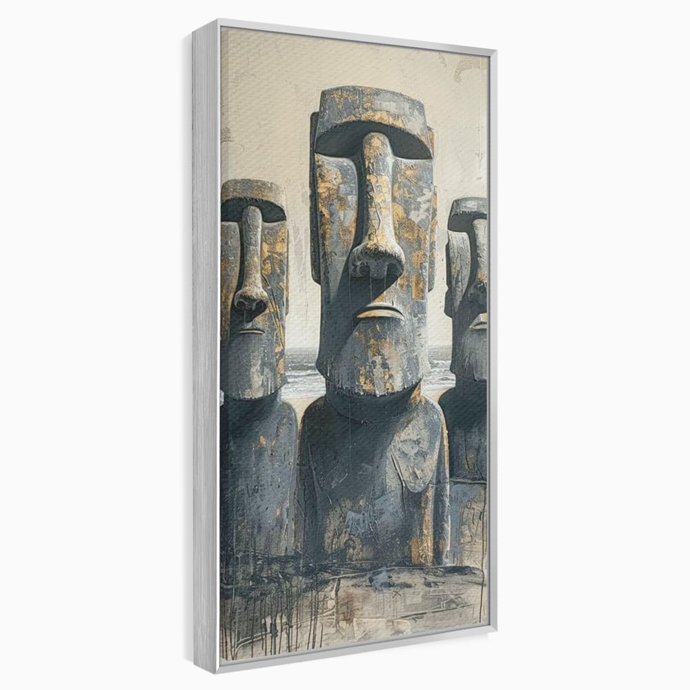 Tablou canvas cu statui moai din piatra, in rama de aluminiu argintiu